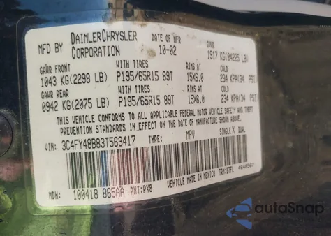 2003 Chrysler Pt Cruiser из США, поврежденный, VIN 3C4FY48B83T563417